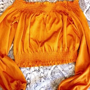 Yellow long sleeve off the shoulder crop top
